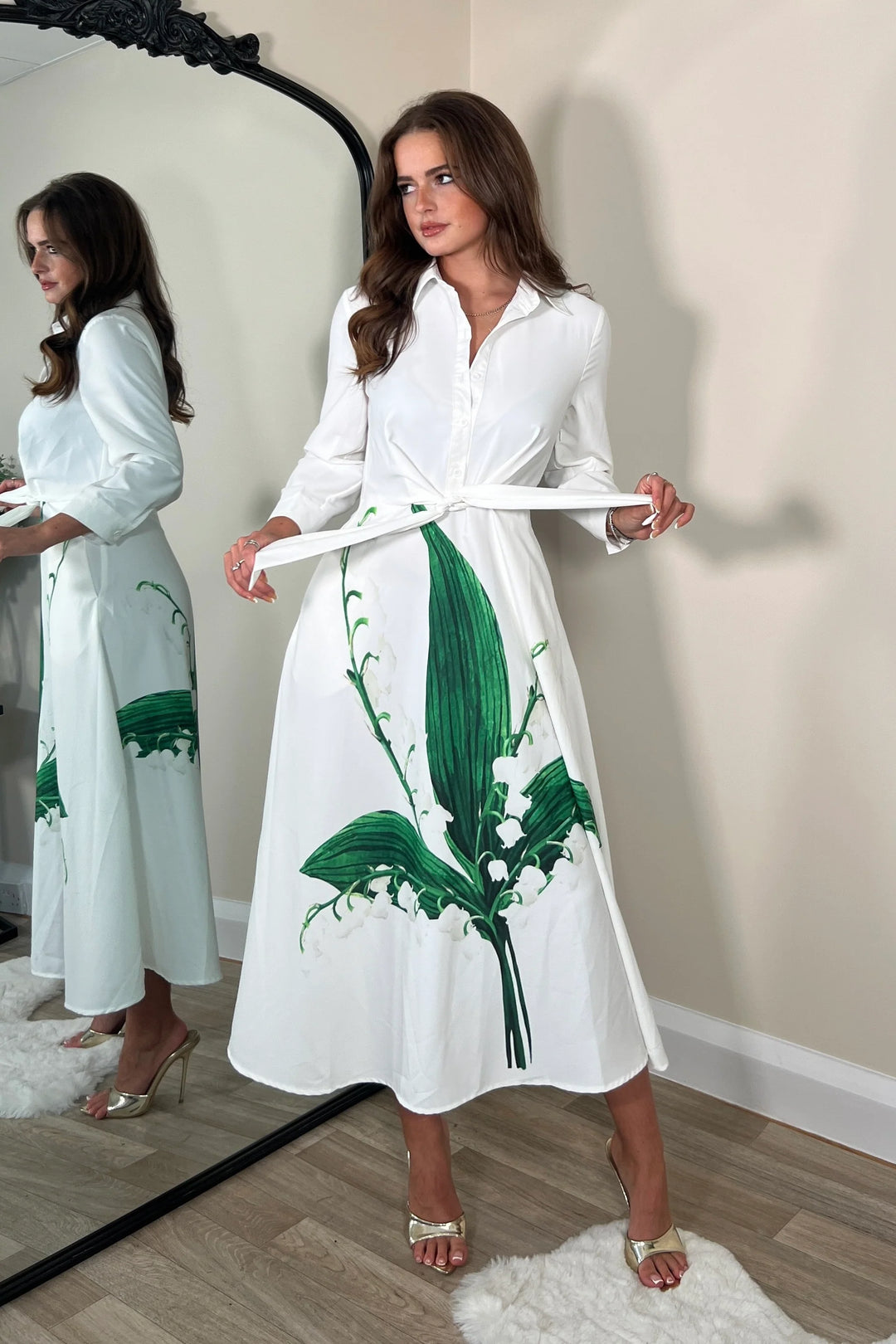 Isabelle White Green Leaf Tie Front 3/4 Sleeve Midaxi Shirt Dress