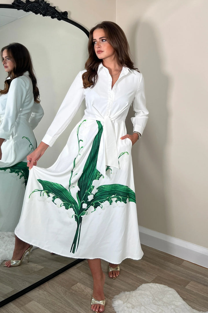 Isabelle White Green Leaf Tie Front 3/4 Sleeve Midaxi Shirt Dress