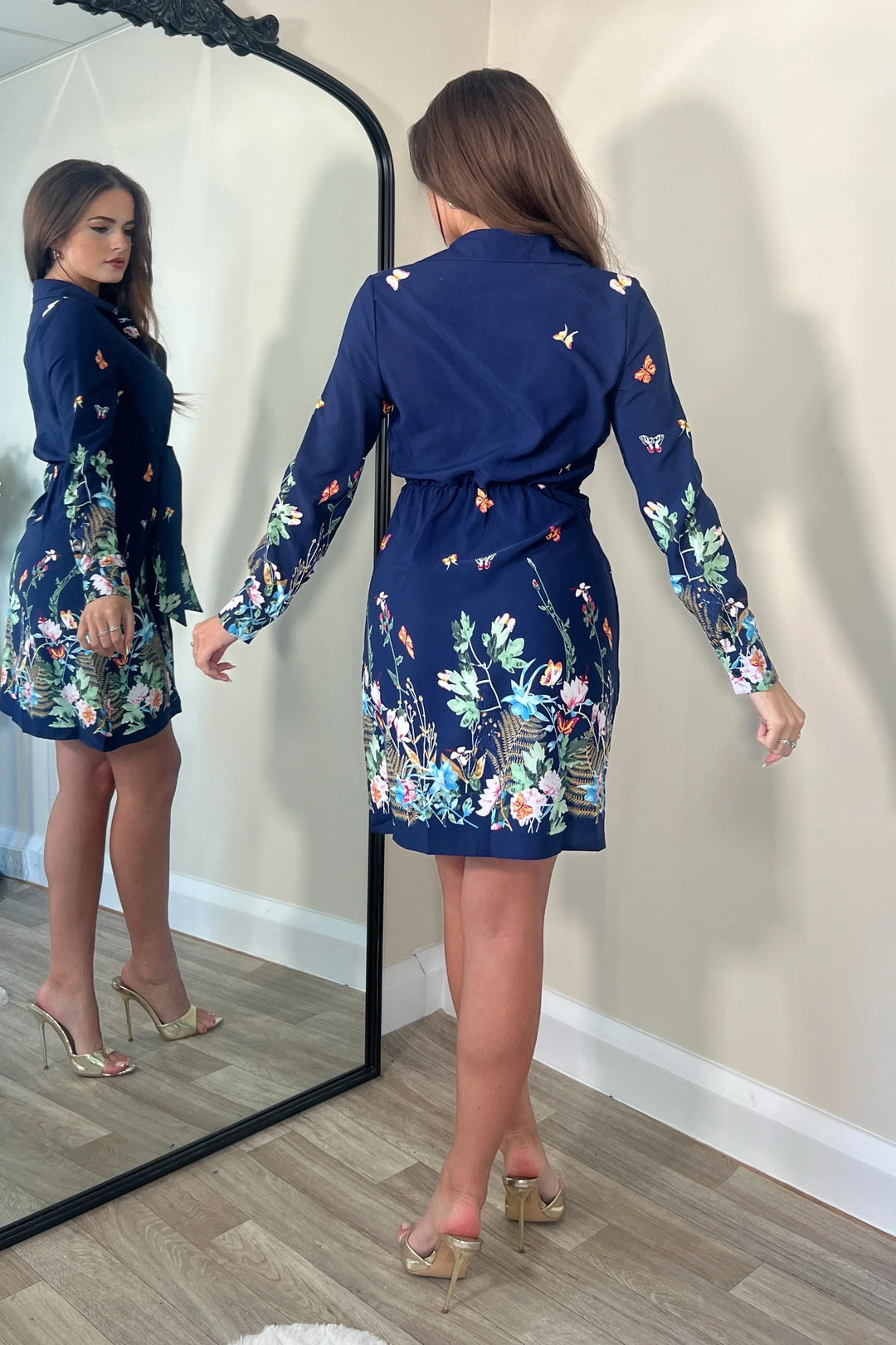 Verity Navy Tie Detail Long Sleeve Mini Shirt Dress