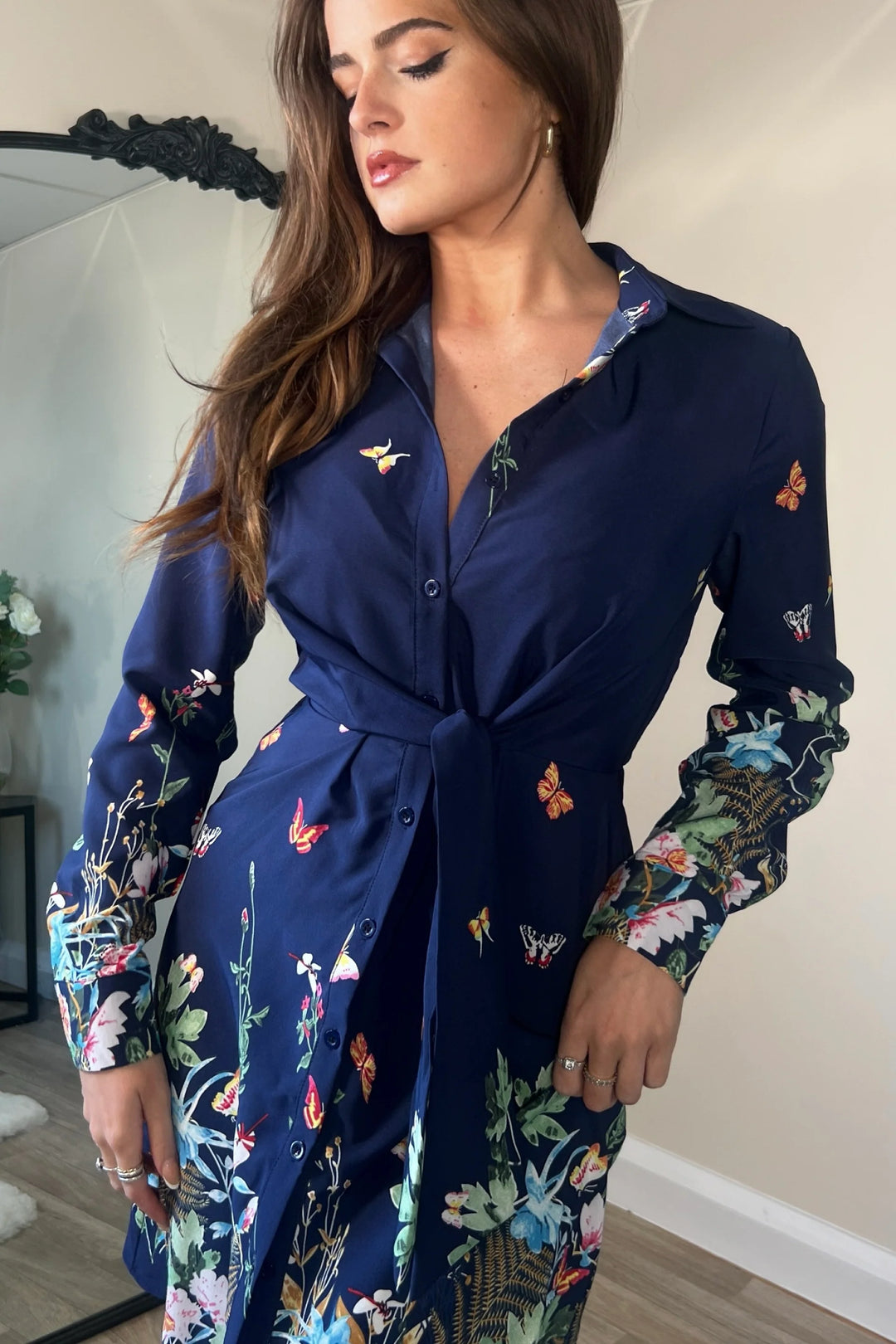 Verity Navy Tie Detail Long Sleeve Mini Shirt Dress