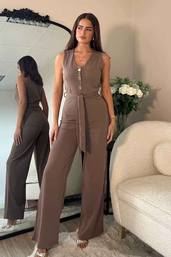 Trixy Mocha Tailored Waistcoat Belted Wide Leg Jumpsuit