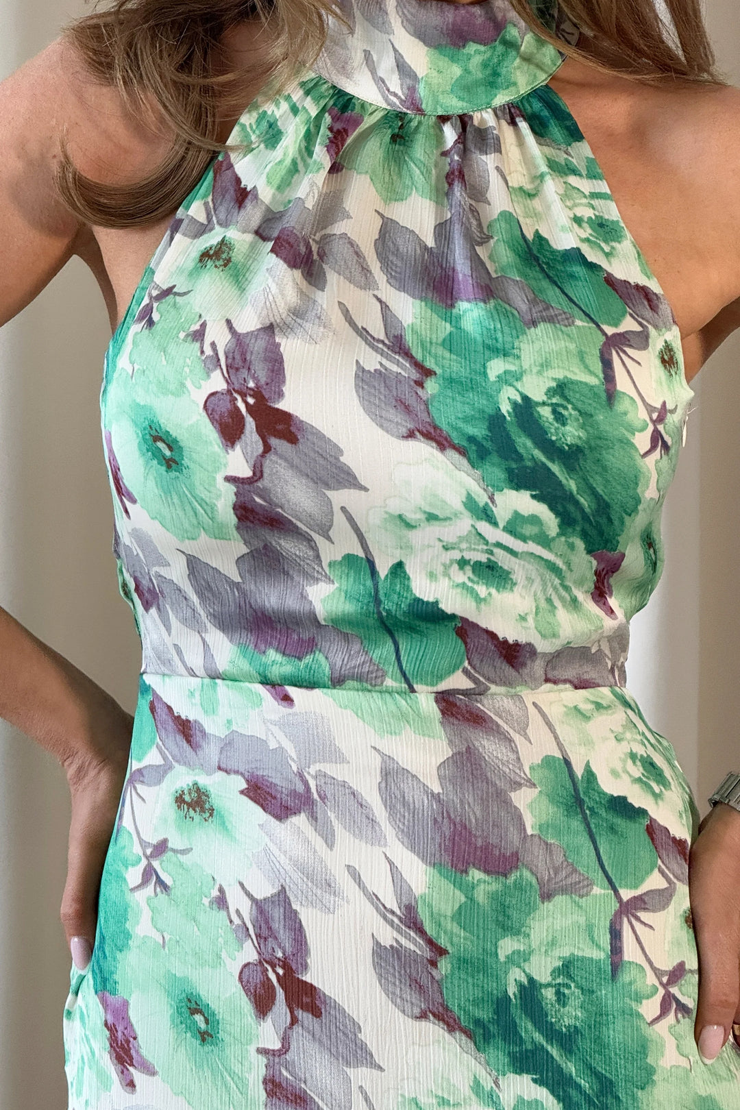 Zoet Green Floral High Neck Frill Skirt Bodycon Midi Dress