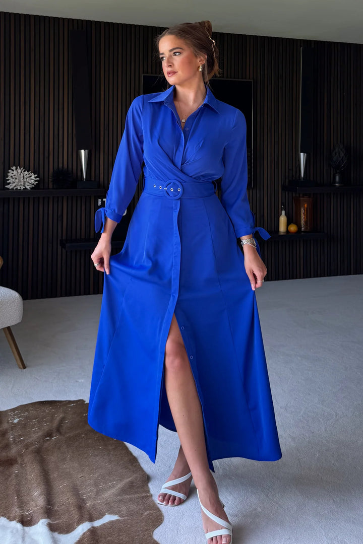 Kira Wrap Detail Cobalt Blue Maxi Belted Long Sleeve Shirt Dress