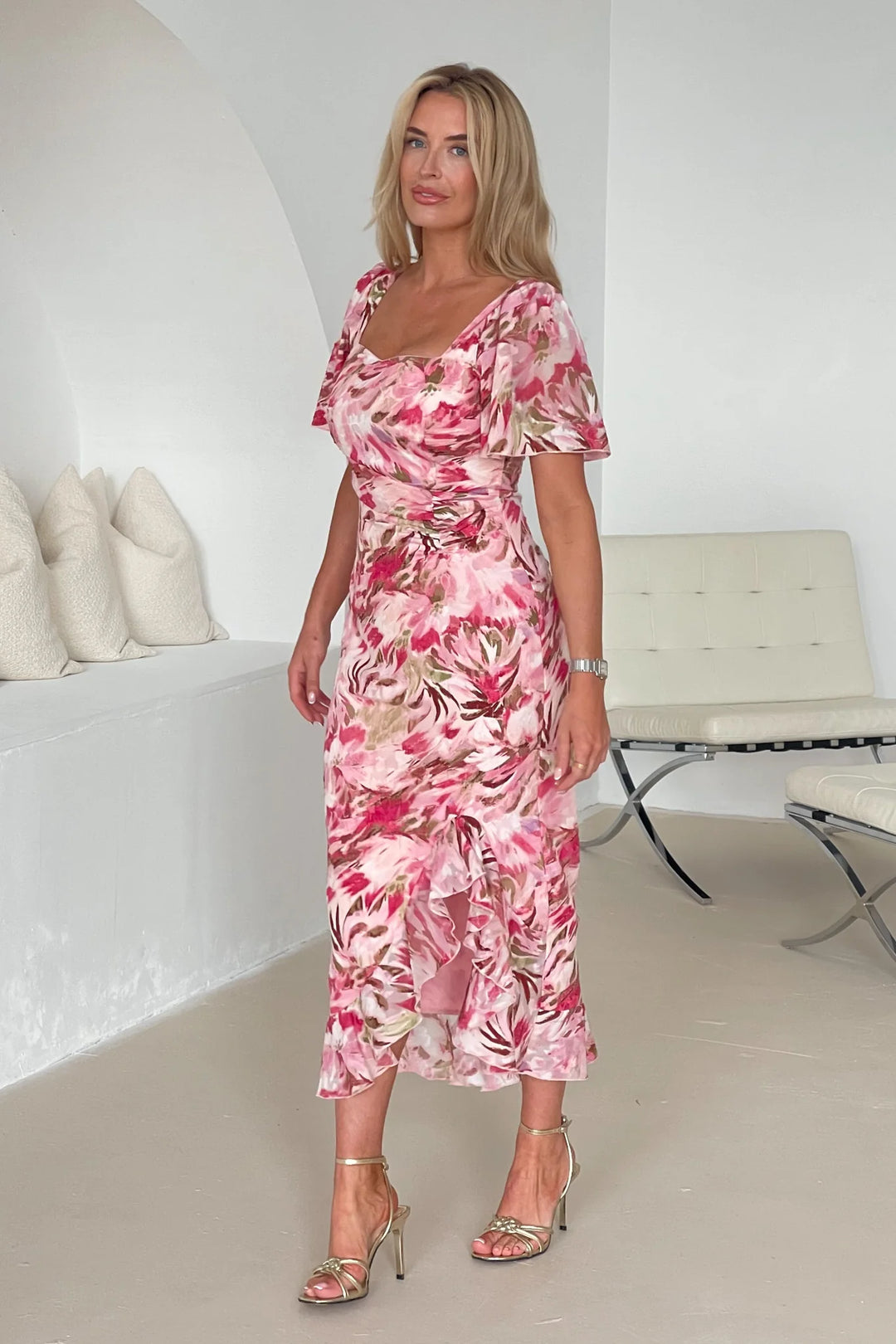 Heidi Pink Floral Ruched Short Sleeve Midi Dress