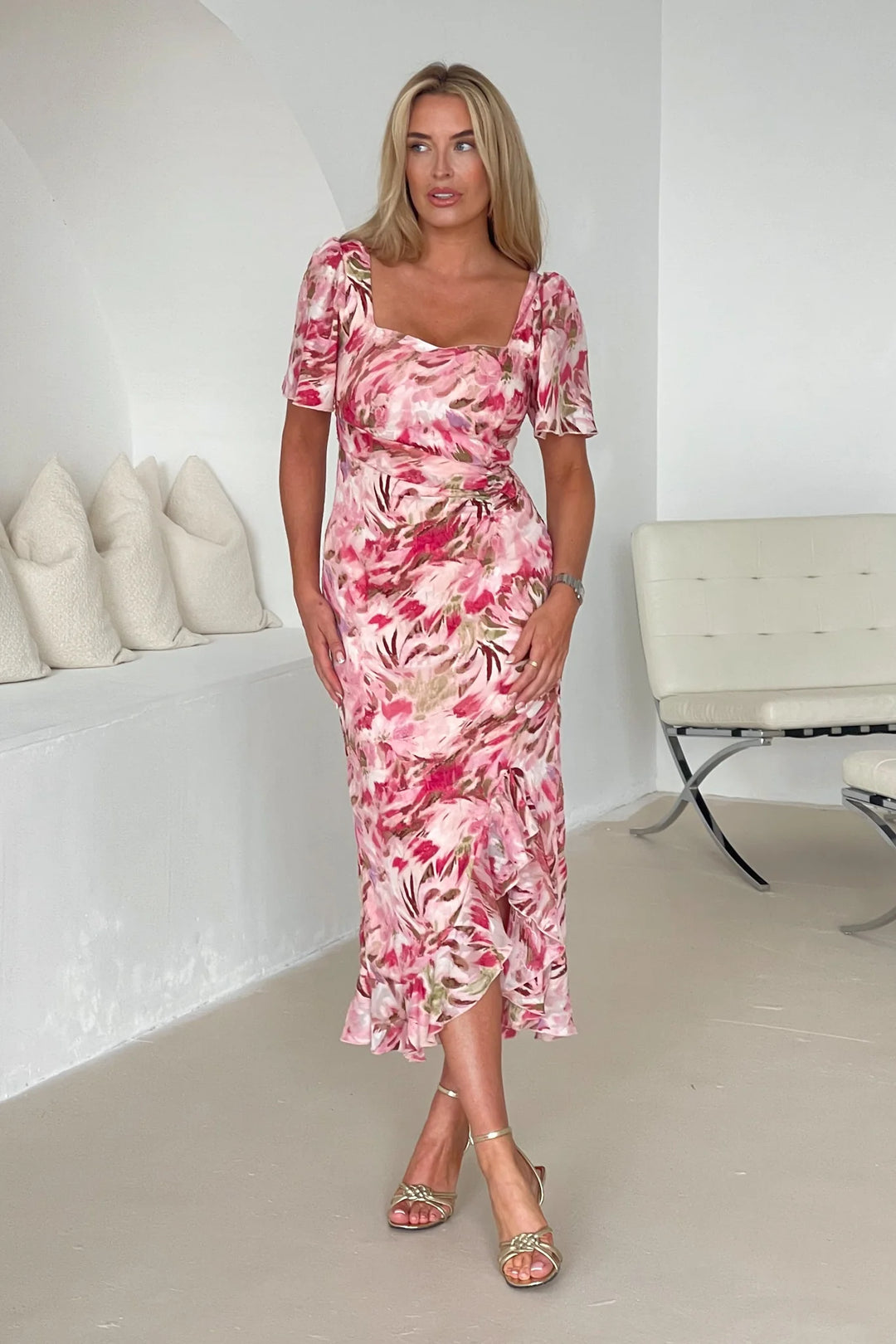 Heidi Pink Floral Ruched Short Sleeve Midi Dress