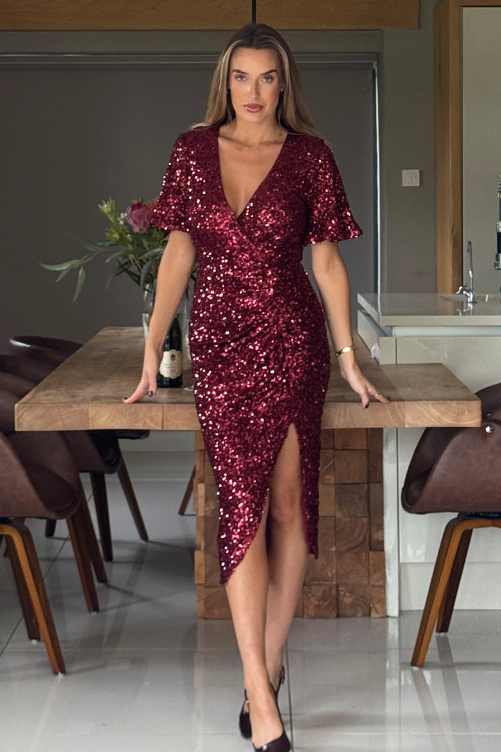 Isla Wine Red Angel Sleeve Sequin Bodycon Midi Dress