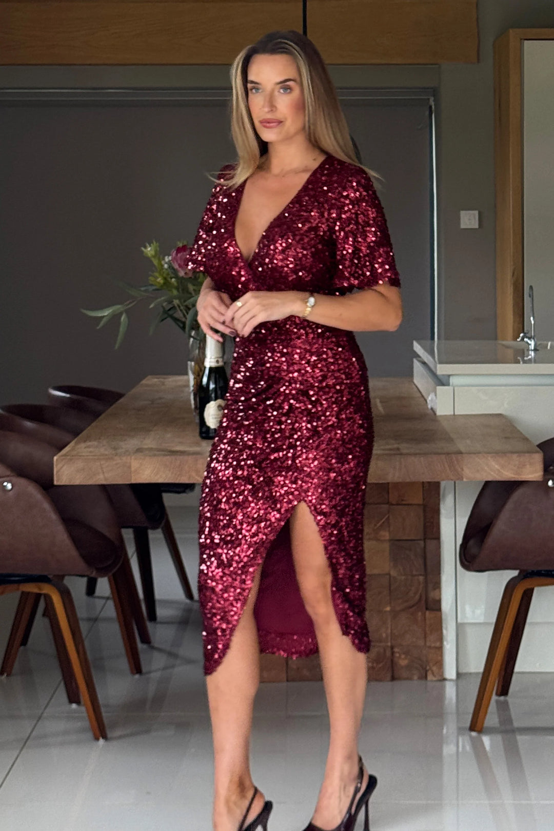 Isla Wine Red Angel Sleeve Sequin Bodycon Midi Dress