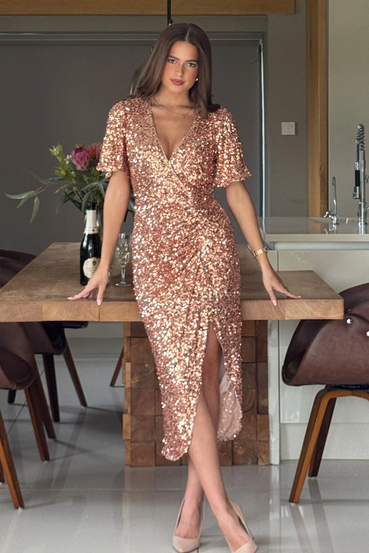 Isla Gold Angel Sleeve Sequin Bodycon Midi Dress