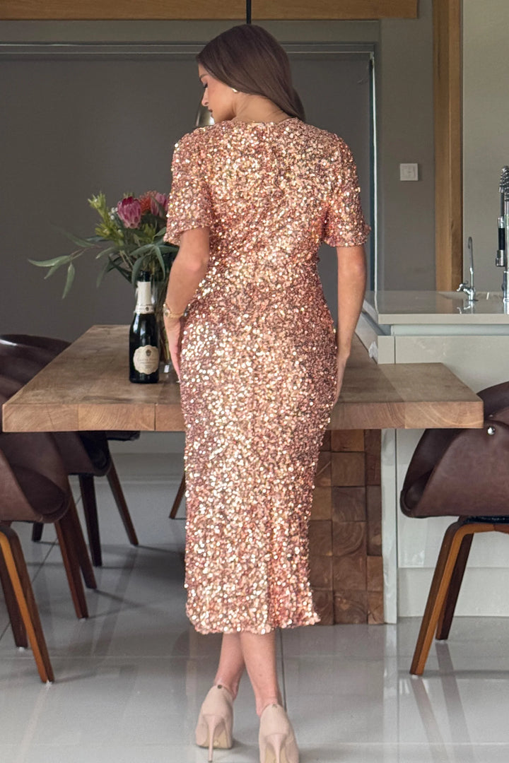 Isla Gold Angel Sleeve Sequin Bodycon Midi Dress
