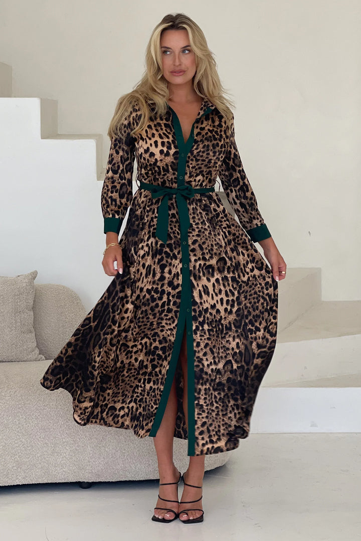 Angela Leopard Print Green Trim Long Sleeve Belted Shirt Dress