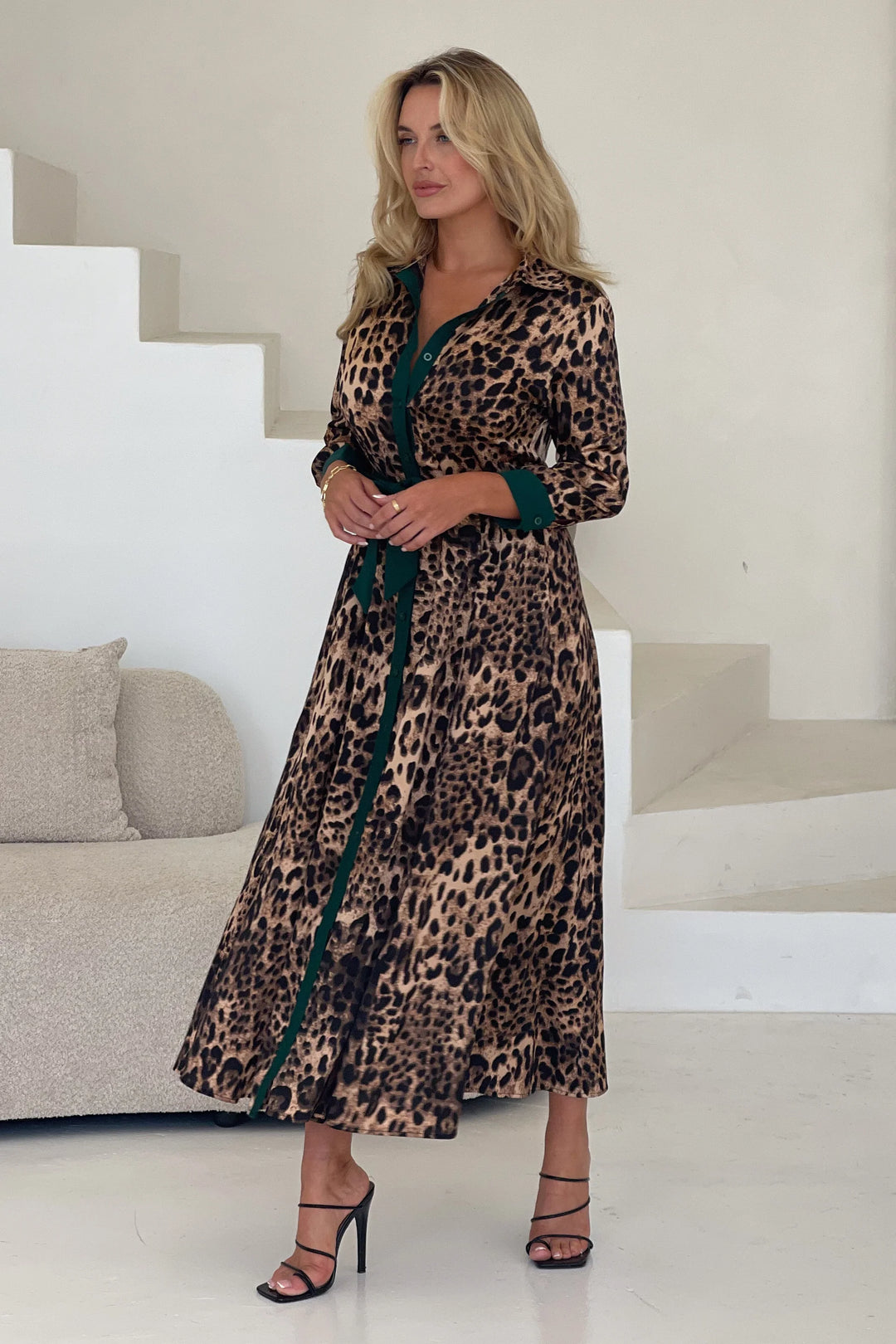 Angela Leopard Print Green Trim Long Sleeve Belted Shirt Dress