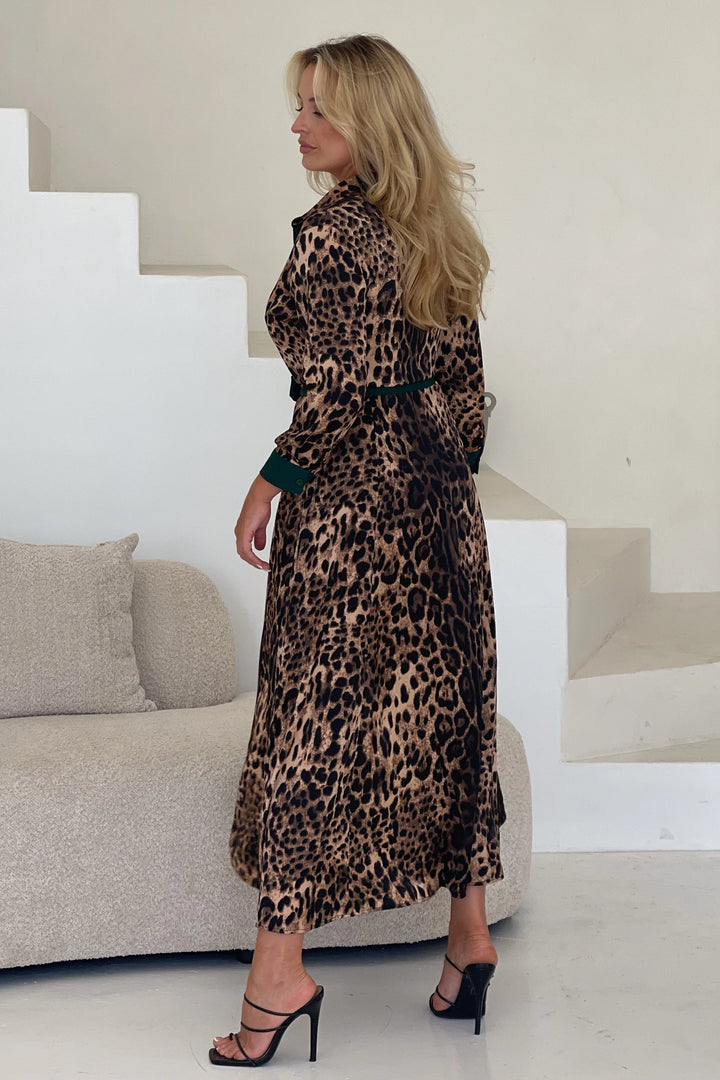 Angela Leopard Print Green Trim Long Sleeve Belted Shirt Dress