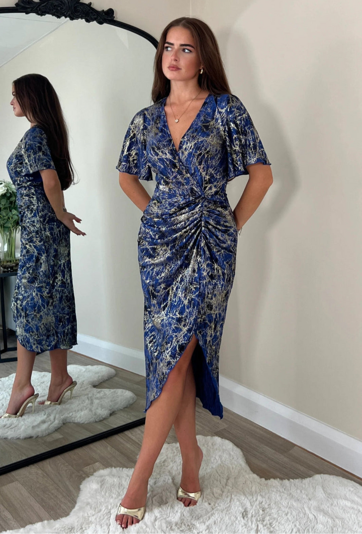 Isla Blue & Gold Angel Sleeve Plisse Bodycon Midi Dress