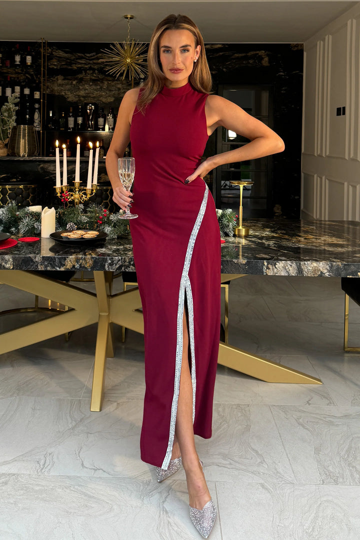 Thalia Burgundy High Neck Maxi Dress With Crystal Split Detail