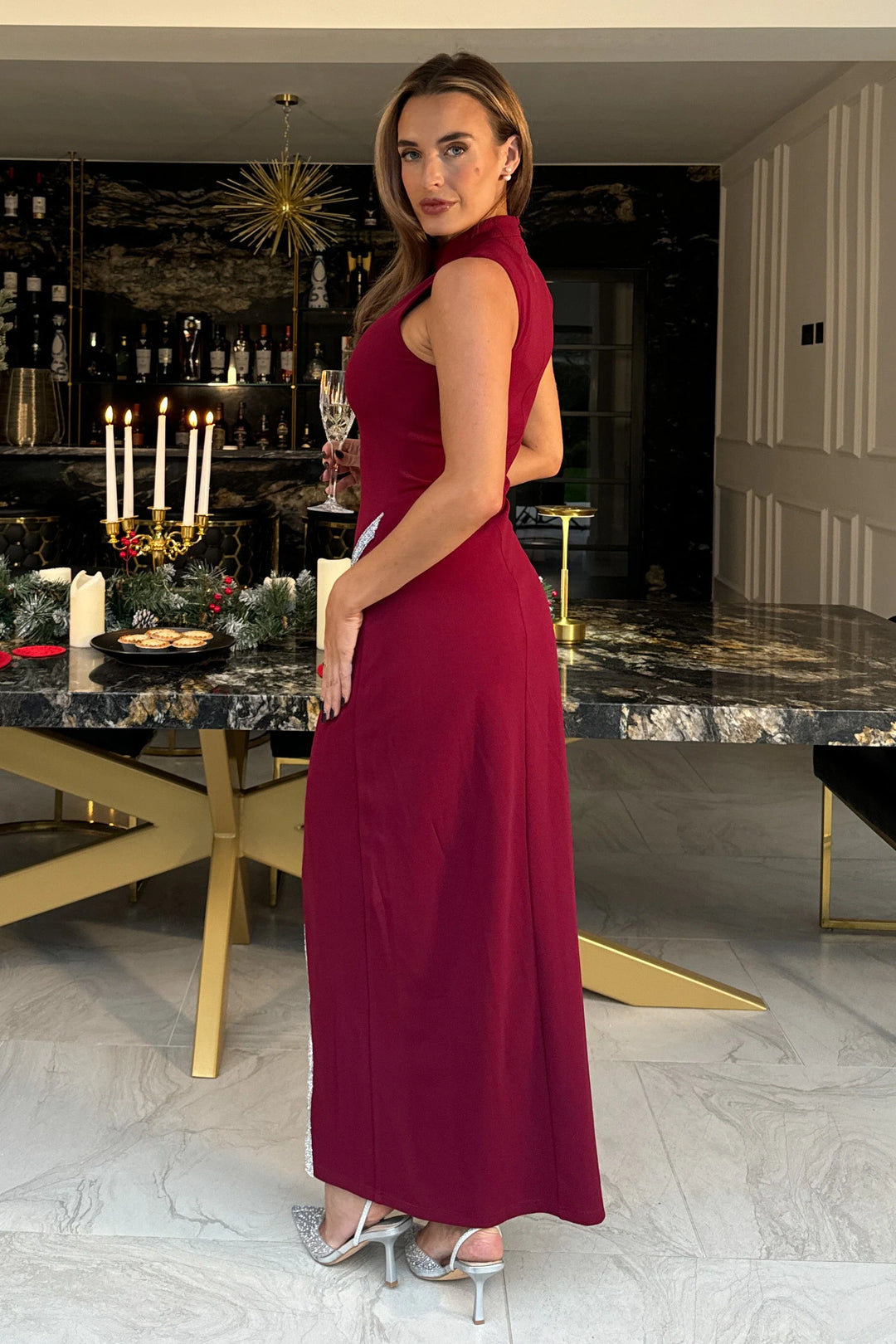 Thalia Burgundy High Neck Maxi Dress With Crystal Split Detail
