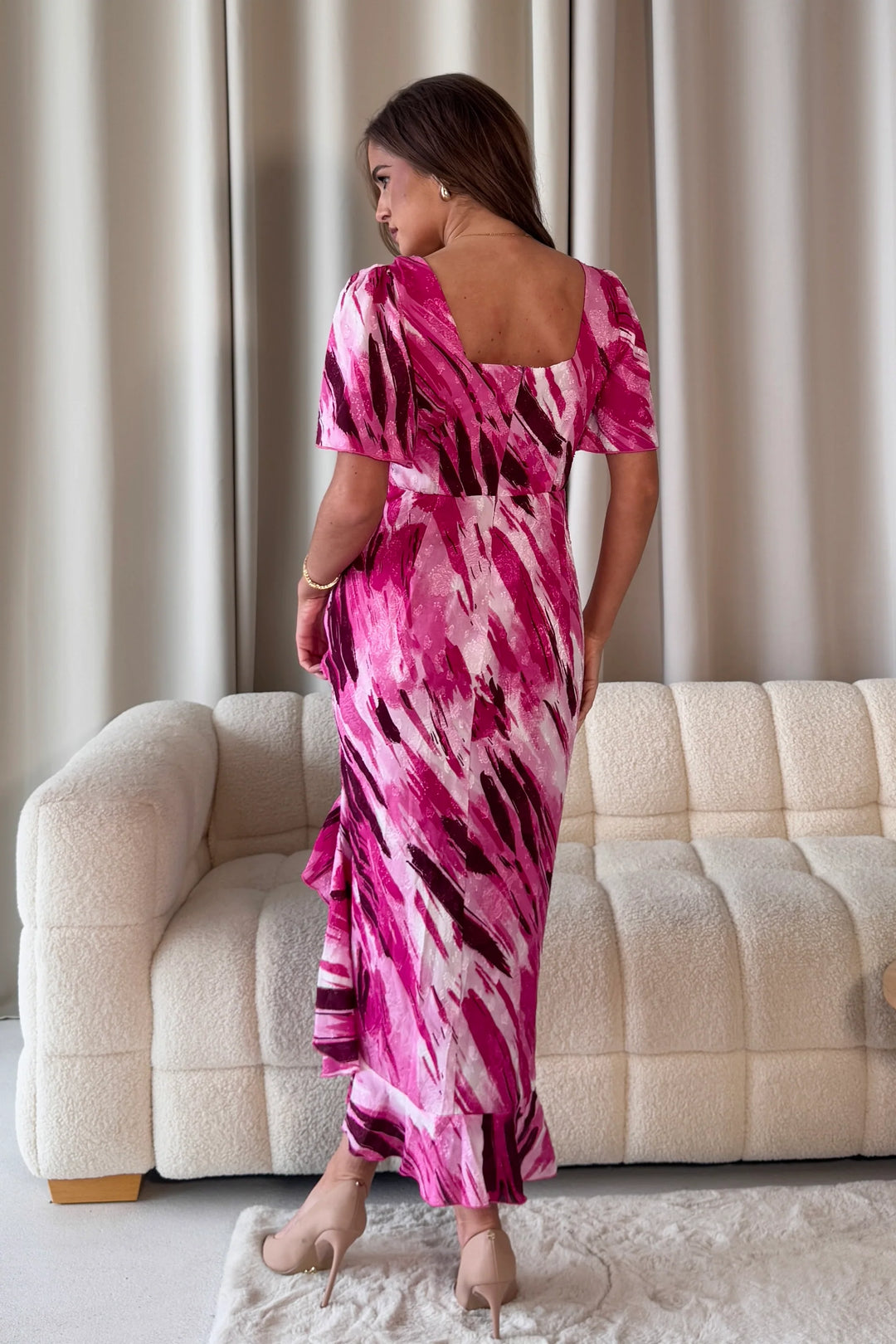 Heidi Deep Pink Abstract Burnout Short Sleeve Midi Dress