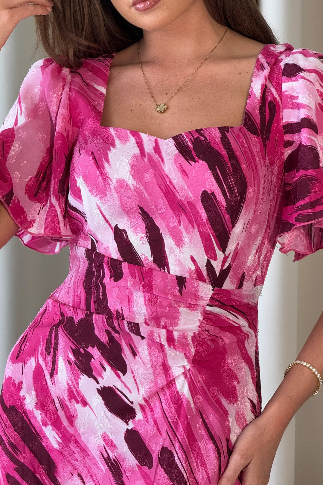 Heidi Deep Pink Abstract Burnout Short Sleeve Midi Dress