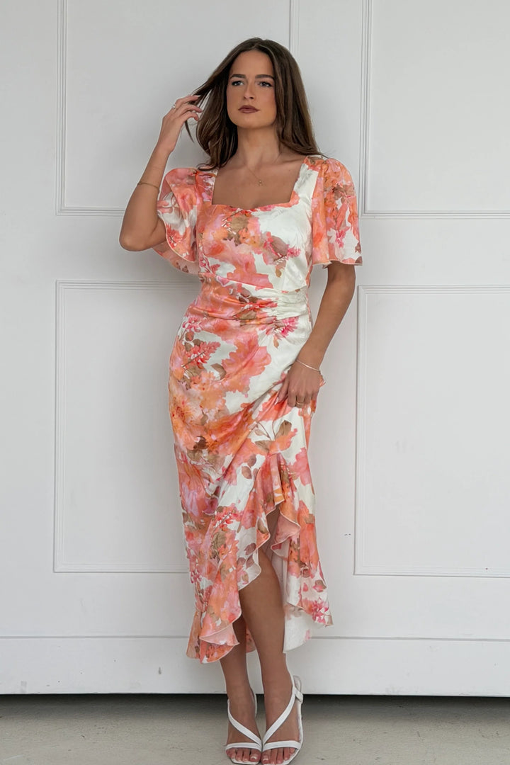 Heidi Peach Floral Ruched Short Sleeve Midi Dress