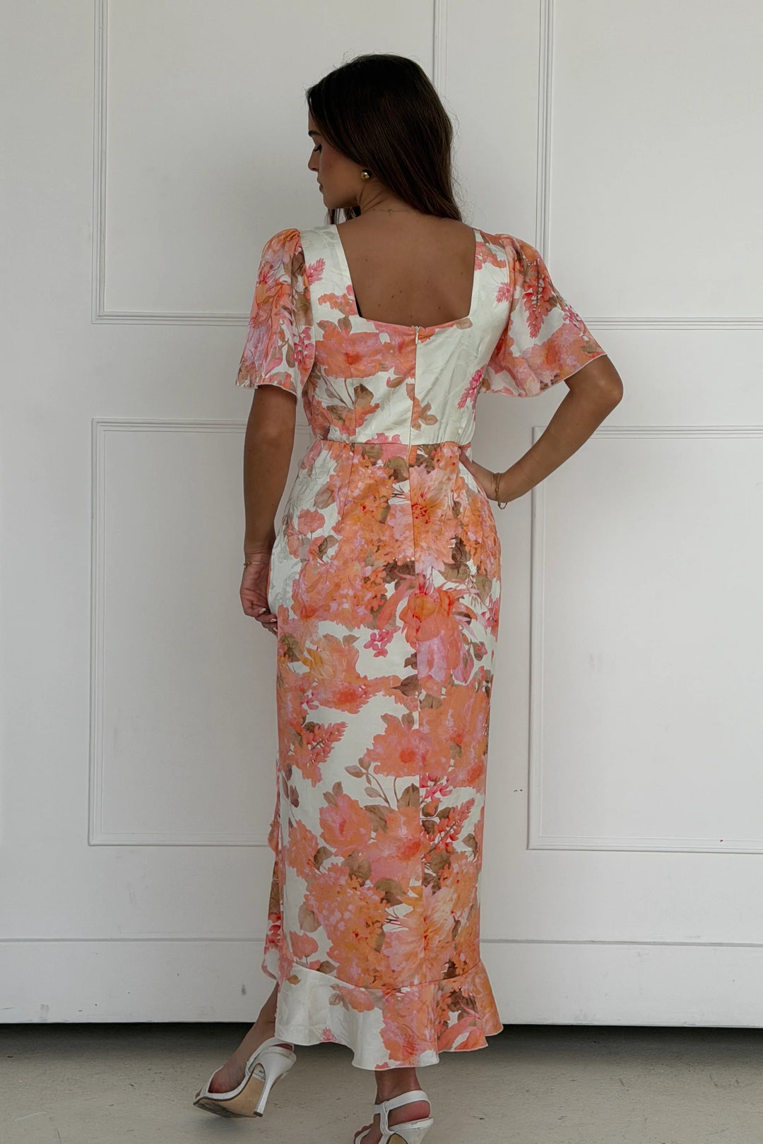 Heidi Peach Floral Ruched Short Sleeve Midi Dress