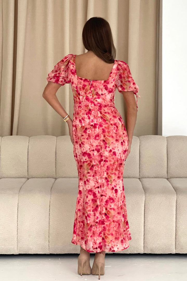 Dove Pink Floral Short Sleeve Ruched Detail Midi Dress