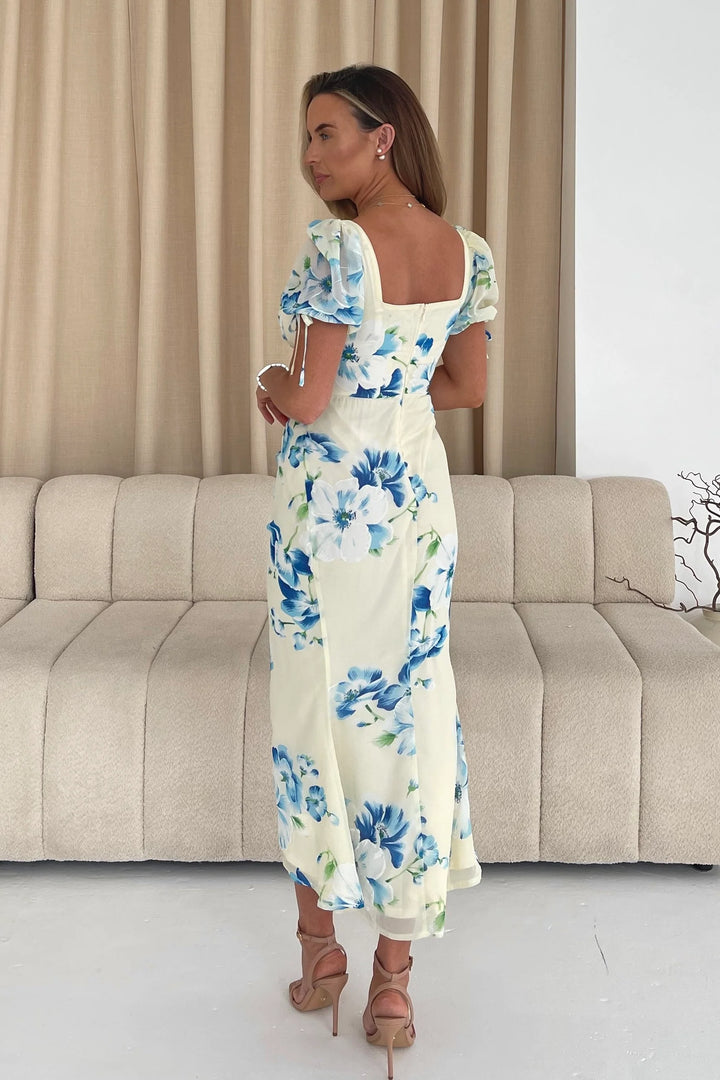 Dove Yellow & Blue Floral Short Sleeve Ruched Detail Midi Dress