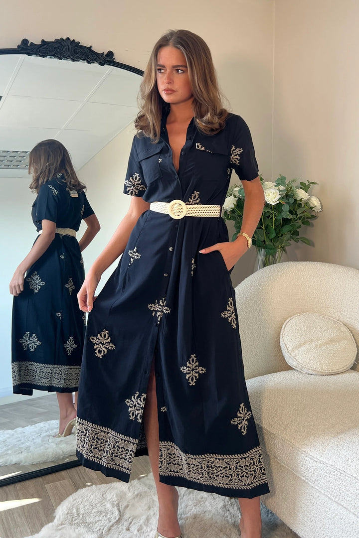 Solène Black Embroidered Short Sleeve Shirt Dress With 2 Belts