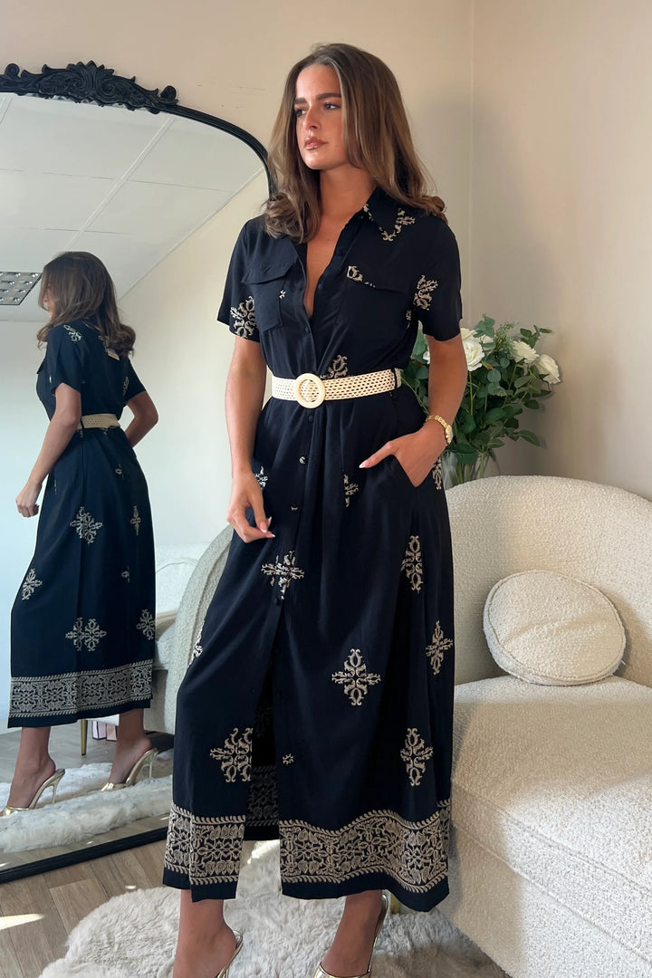 Solène Black Embroidered Short Sleeve Shirt Dress With 2 Belts