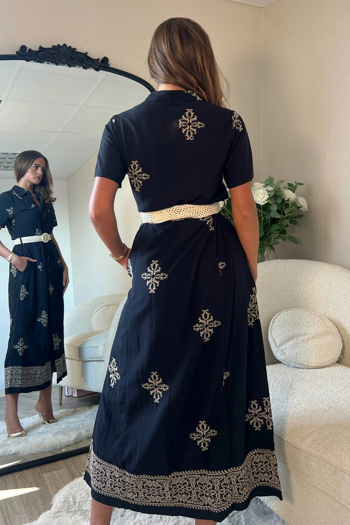 Solène Black Embroidered Short Sleeve Shirt Dress With 2 Belts