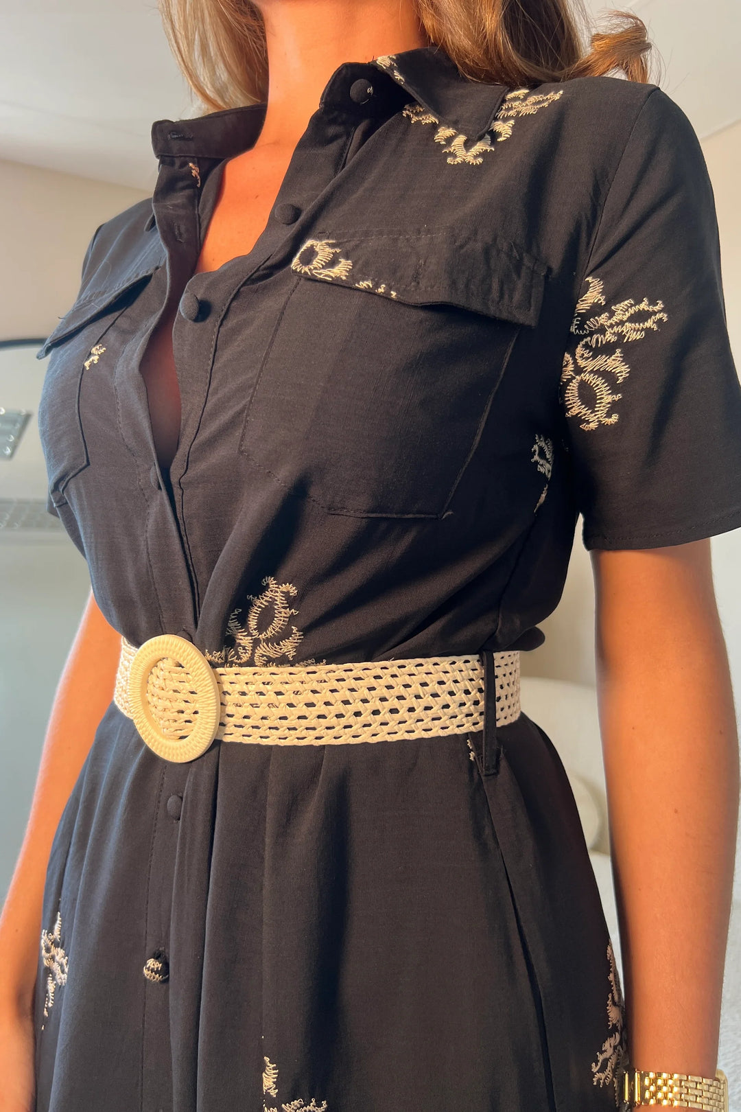 Solène Black Embroidered Short Sleeve Shirt Dress With 2 Belts