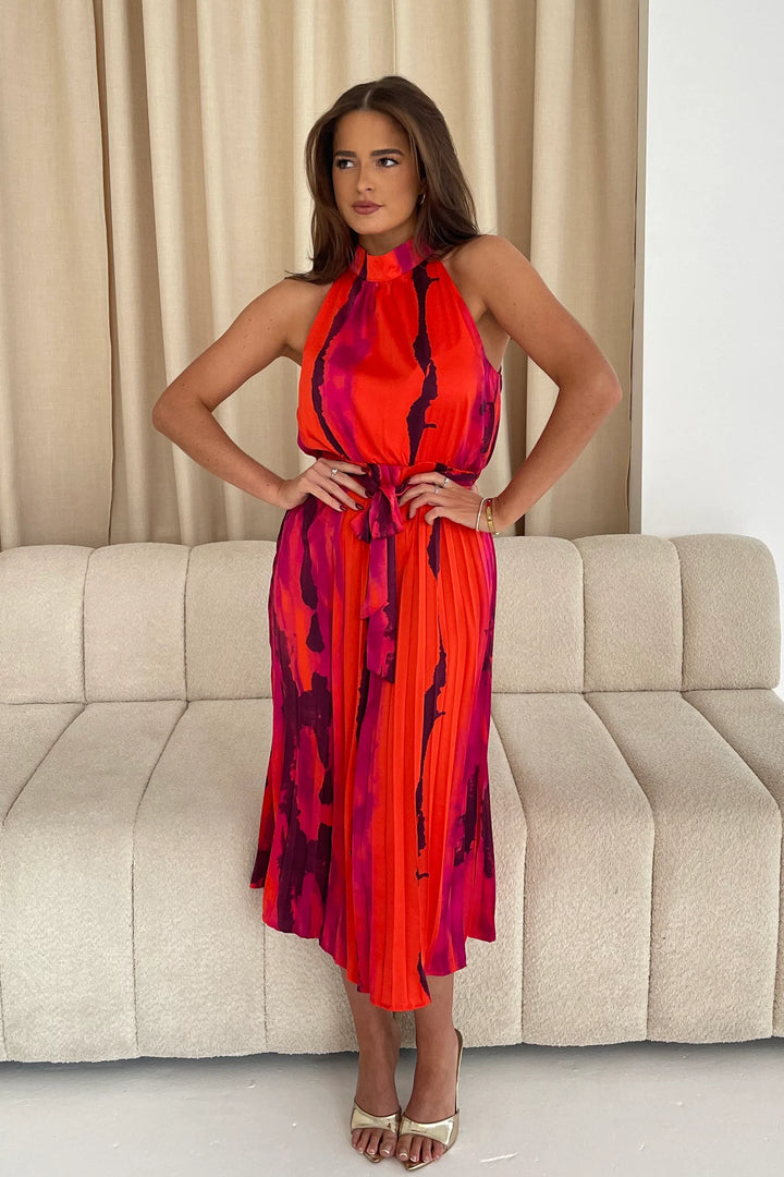 Carla Red Marble Halterneck Belted Pleated Maxi Dress