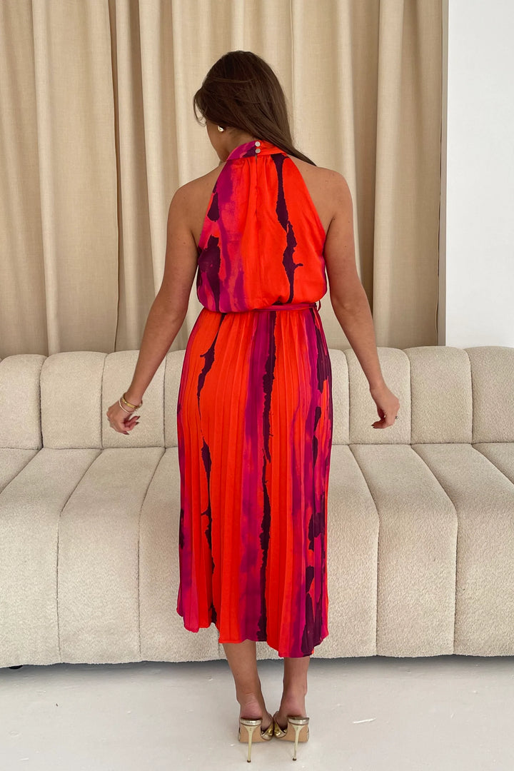 Carla Red Marble Halterneck Belted Pleated Maxi Dress