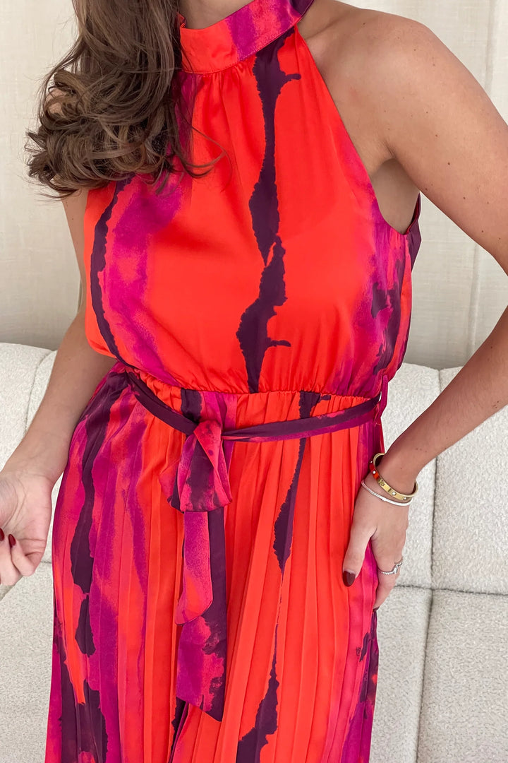 Carla Red Marble Halterneck Belted Pleated Maxi Dress