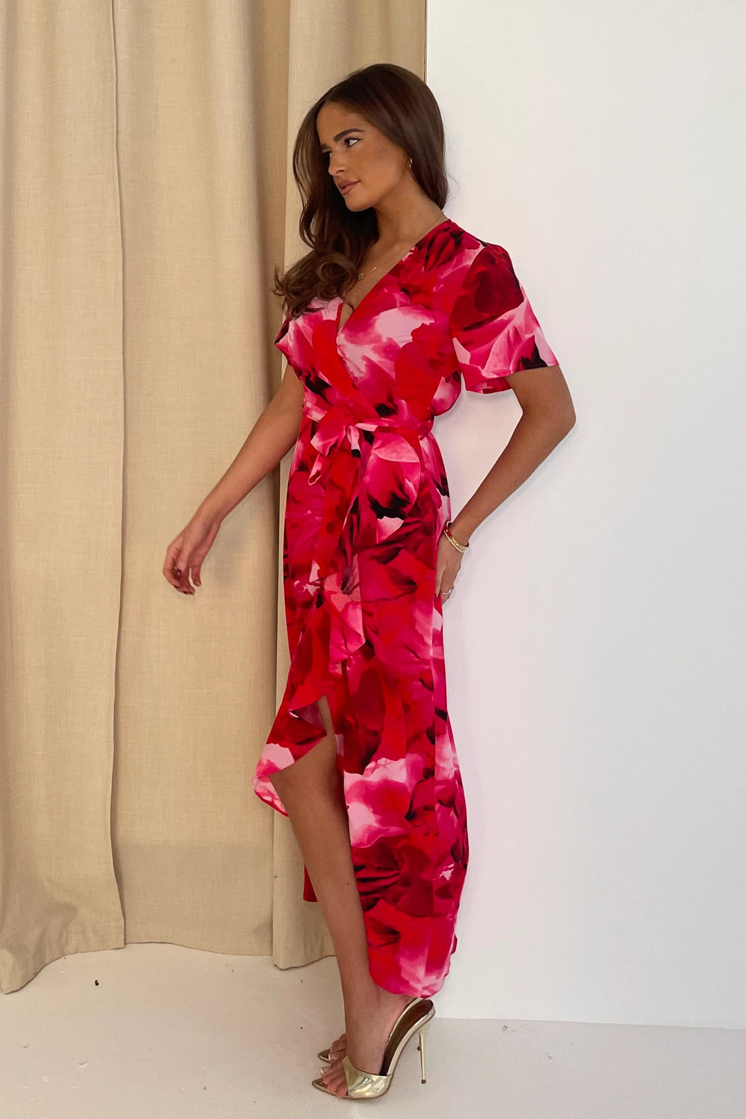 Farrah Pink Floral Print Frill Detail Wrap Maxi Dress