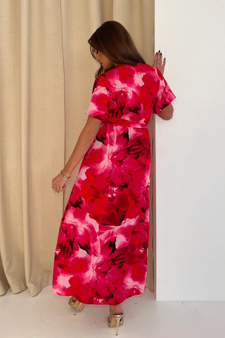 Farrah Pink Floral Print Frill Detail Wrap Maxi Dress