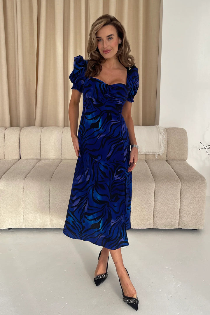 Lillian Blue Animal Sweetheart Neck Puff Sleeve Midi Dress