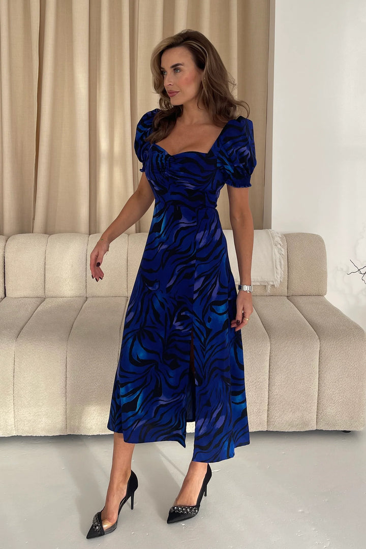 Lillian Blue Animal Sweetheart Neck Puff Sleeve Midi Dress