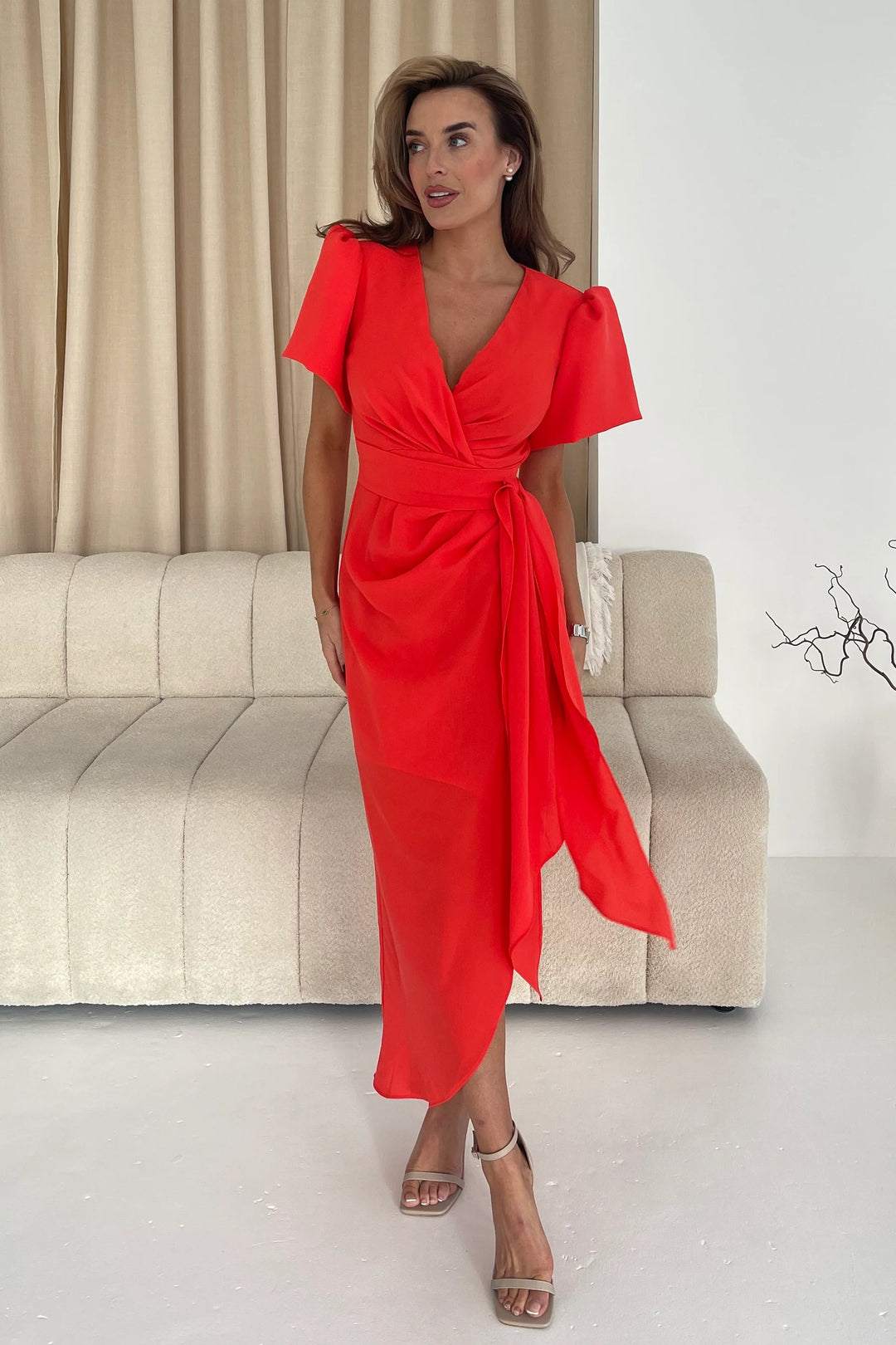 Drew Orange Wrap Short Puff Sleeve Midi Dress