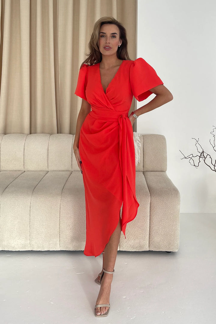 Drew Orange Wrap Short Puff Sleeve Midi Dress