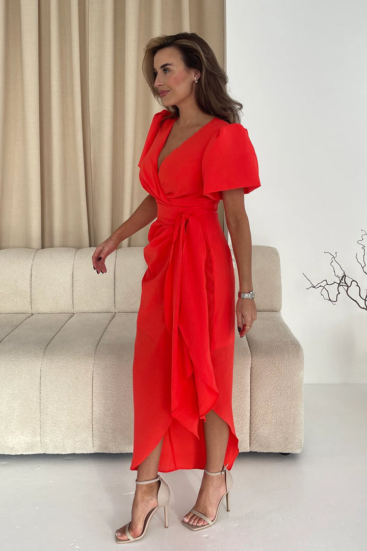 Drew Orange Wrap Short Puff Sleeve Midi Dress