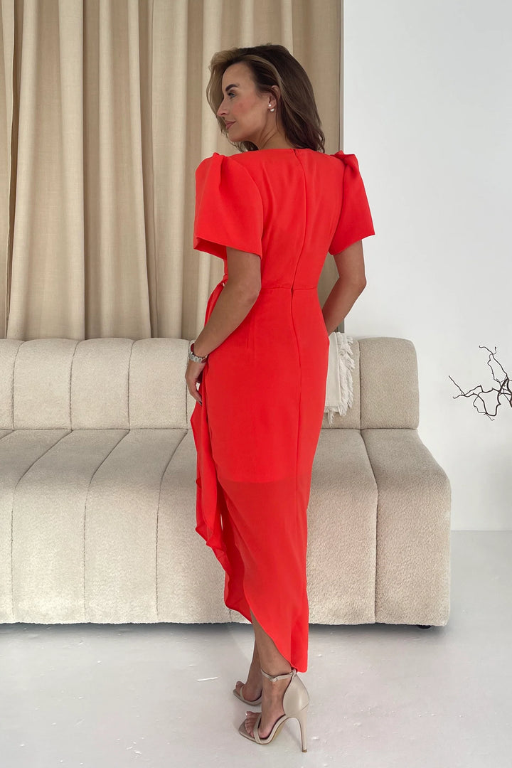 Drew Orange Wrap Short Puff Sleeve Midi Dress