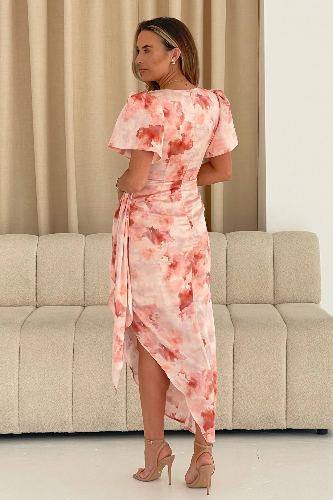Drew Blush Pink Marble Wrap Short Puff Sleeve Midi Dress