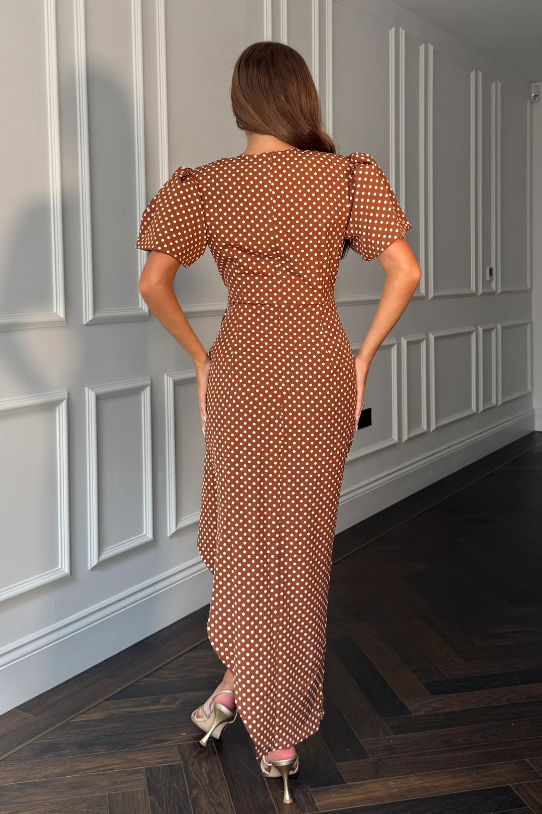Drew Brown Polka Dot Wrap Short Puff Sleeve Midi Dress