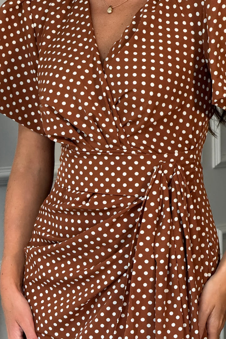 Drew Brown Polka Dot Wrap Short Puff Sleeve Midi Dress