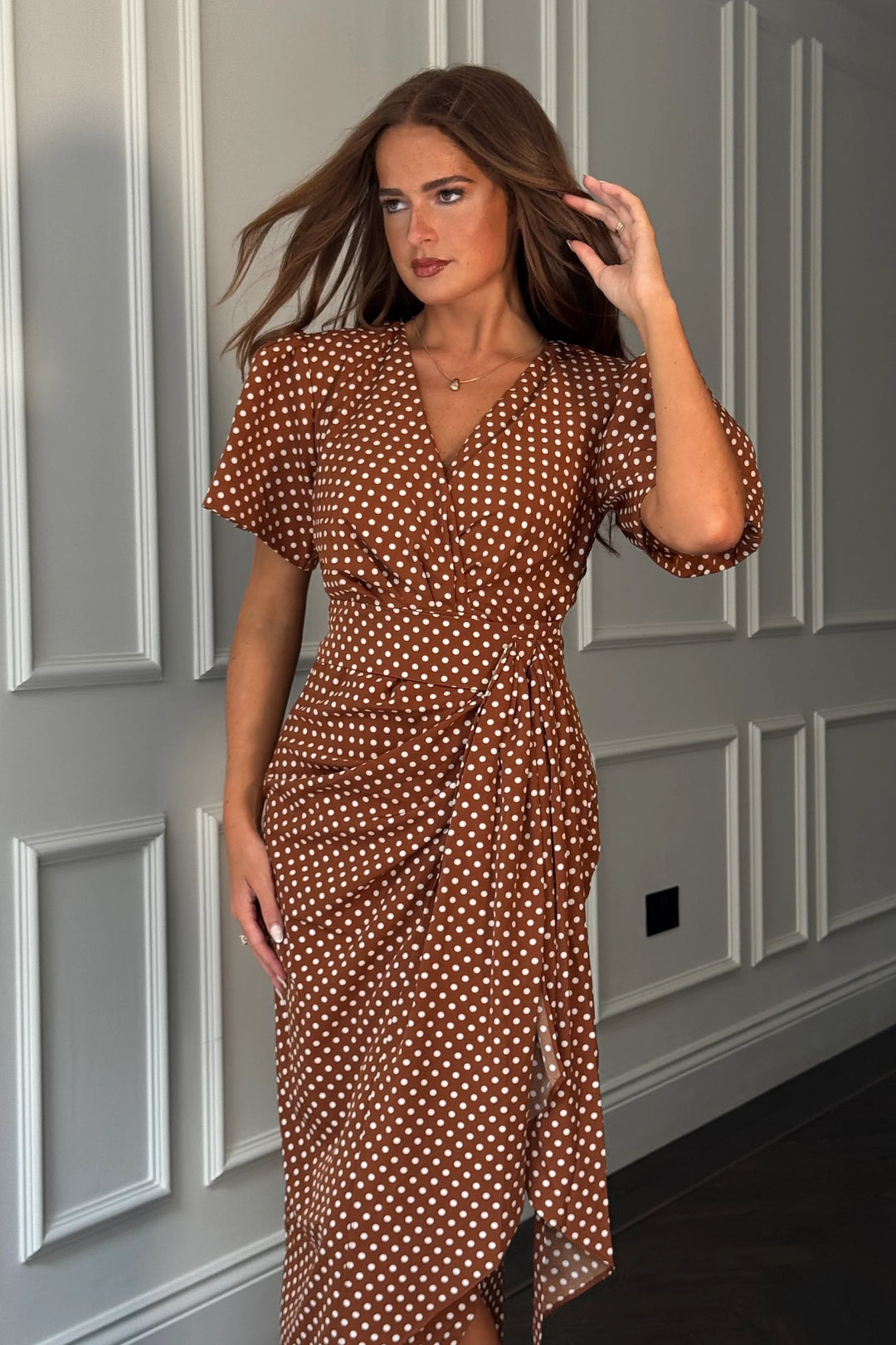 Drew Brown Polka Dot Wrap Short Puff Sleeve Midi Dress
