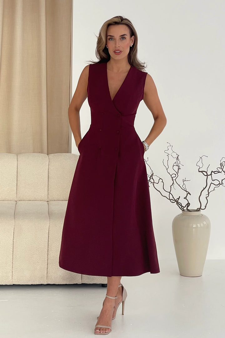 Hazel Burgundy Wine Tailored Sleeveless Midi Dress