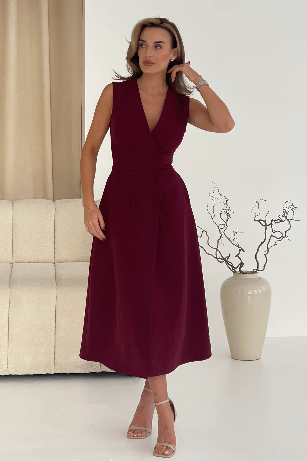 Hazel Burgundy Wine Tailored Sleeveless Midi Dress