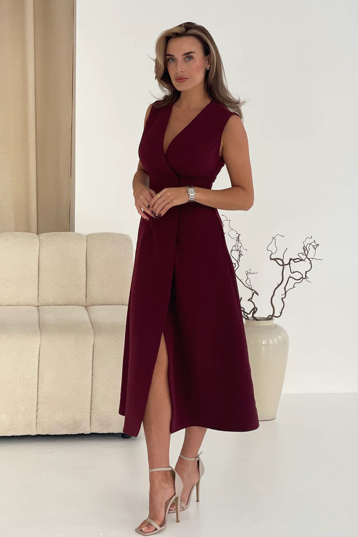 Hazel Burgundy Wine Tailored Sleeveless Midi Dress