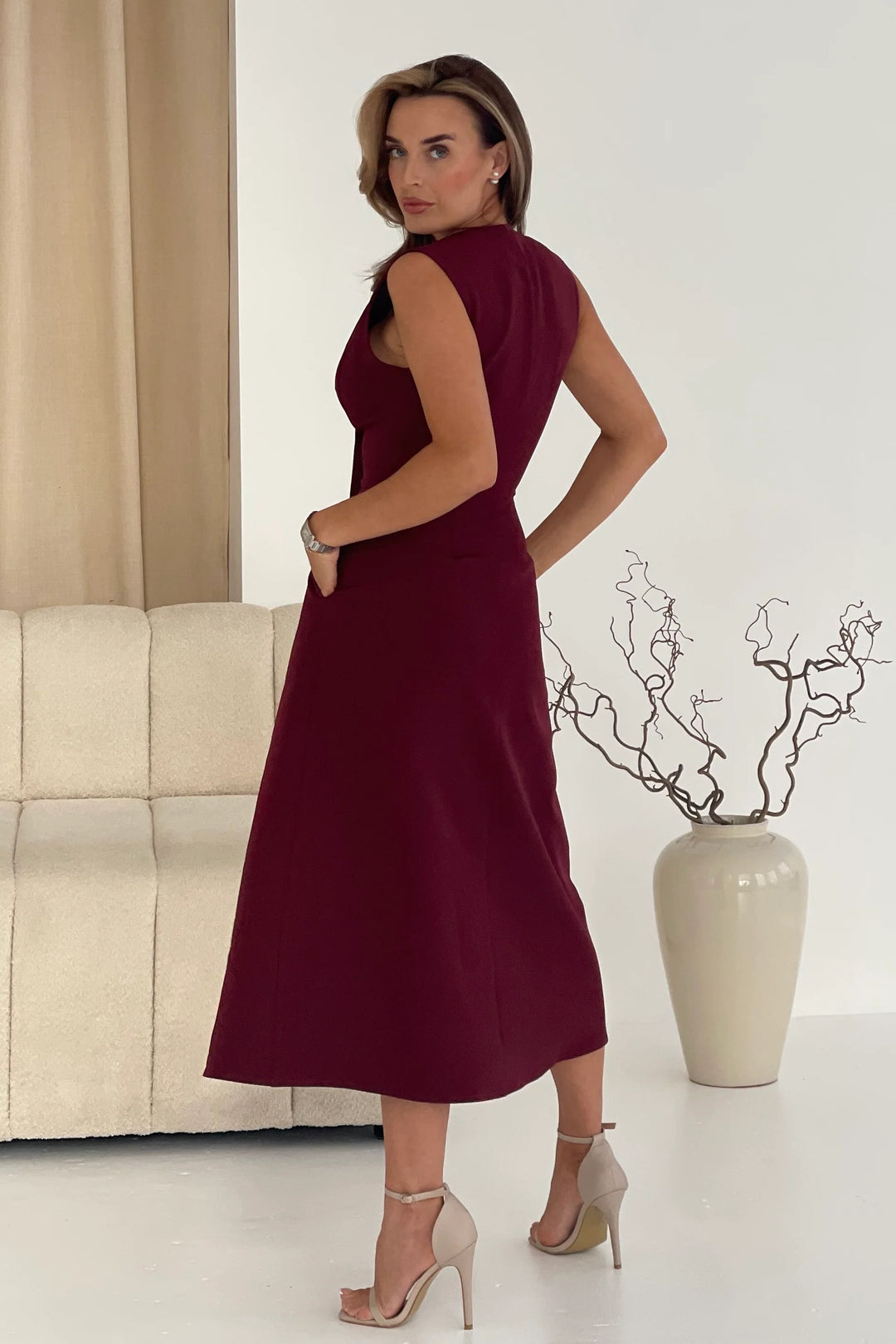 Hazel Burgundy Wine Tailored Sleeveless Midi Dress