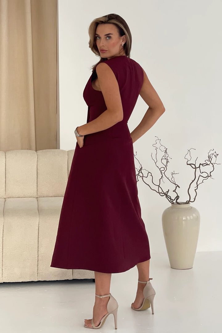 Hazel Burgundy Wine Tailored Sleeveless Midi Dress