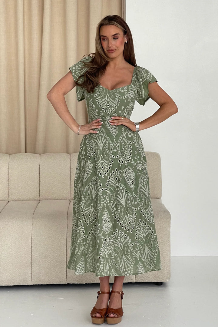 Milly Sage Green Short Sleeve Broderie Anglaise Midi Dress